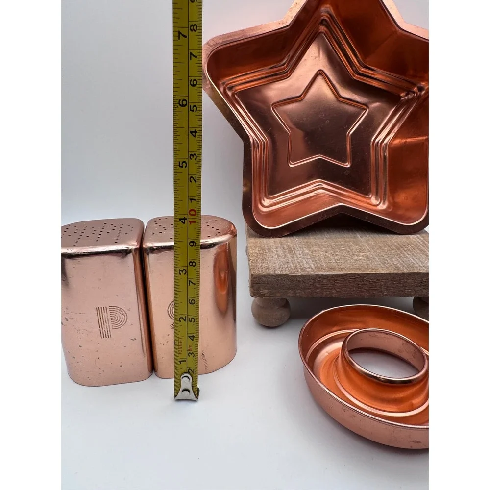 Vintage Copper Toned Kitchen Decor Salt and Pepper Shakers and Gelatin Molds